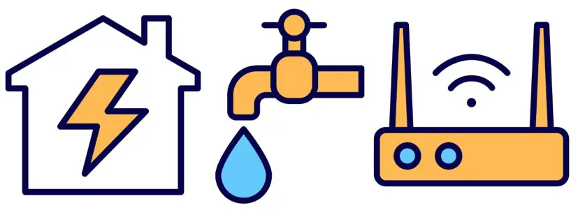 A set of four icons that include a faucet, water meter and mop.